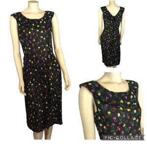 Vintage Y2K Floral black Sheer Sleeveless Dress with red & yellow tulips size 8